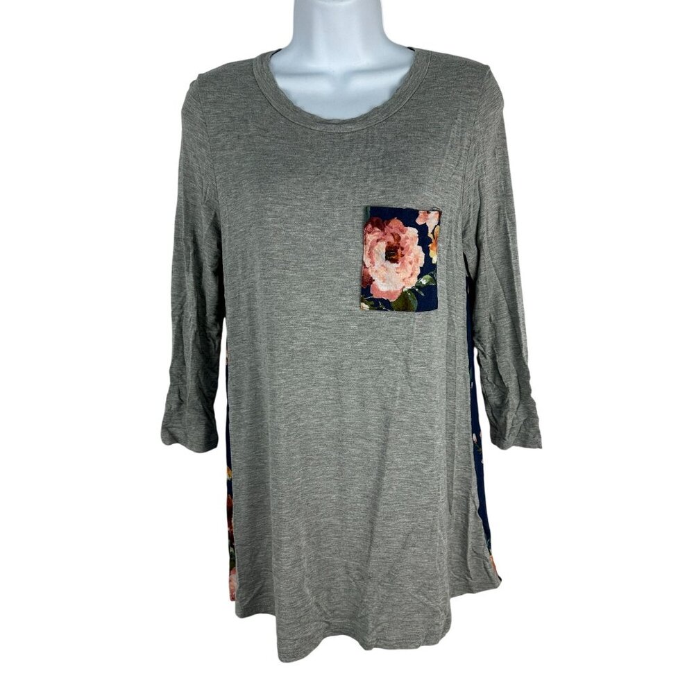 First Look Womens Small Gray & Navy Floral Pocket Tunic Top 3/4 Sleeve Casual